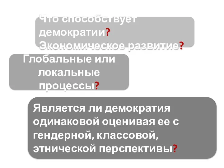 Что способствует демократии? Экономическое развитие? Глобальные или локальные процессы? Является ли