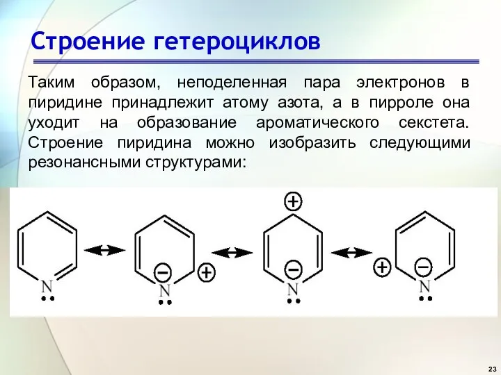 Строение гетероциклов Таким образом, неподеленная пара электронов в пиридине принадлежит атому