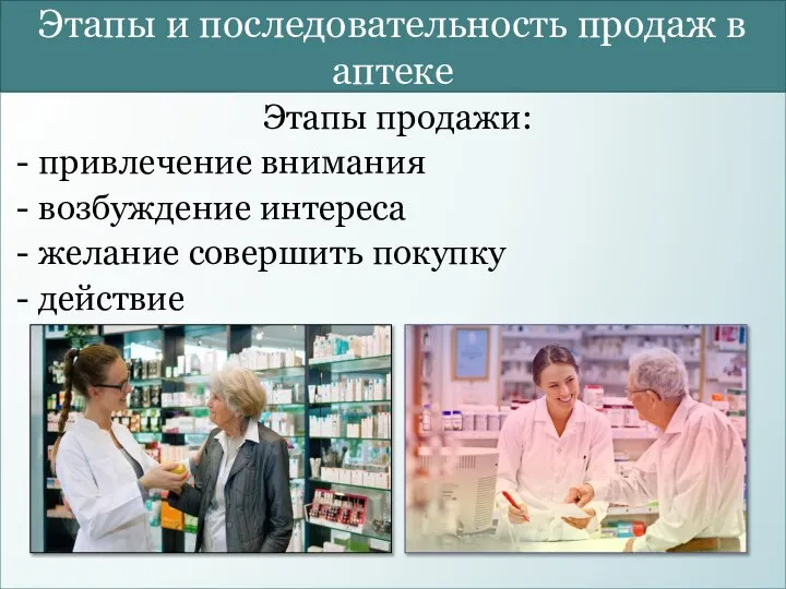 Этапы и последовательность продаж в аптеке Этапы продажи: - привлечение внимания