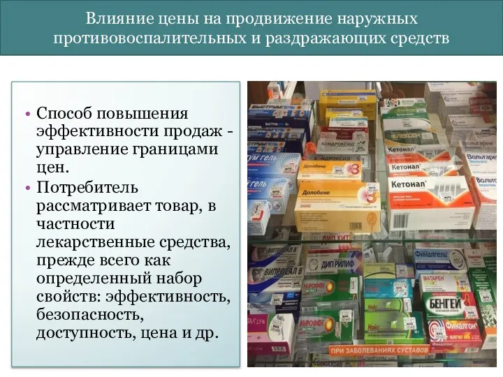 Влияние цены на продвижение наружных противовоспалительных и раздражающих средств Способ повышения