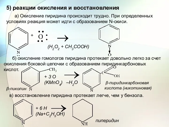 5) реакции окисления и восстановления а) Окисление пиридина происходит трудно. При