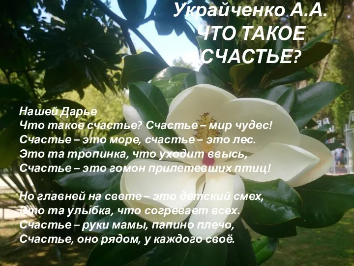 Украйченко А.А. ЧТО ТАКОЕ СЧАСТЬЕ? Нашей Дарье Что такое счастье? Счастье