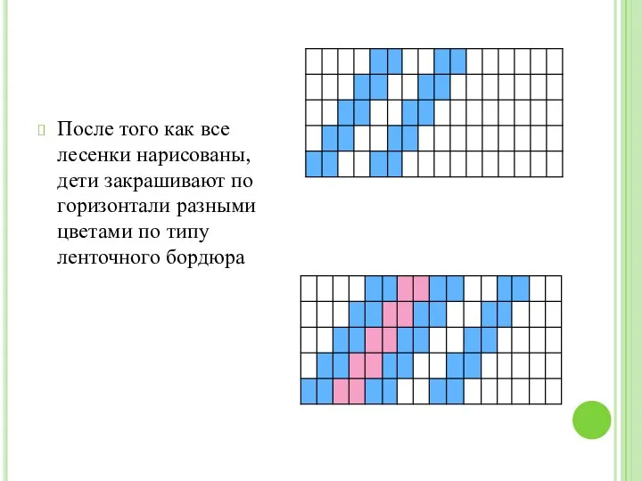 После того как все лесенки нарисованы, дети закрашивают по горизонтали разными цветами по типу ленточного бордюра