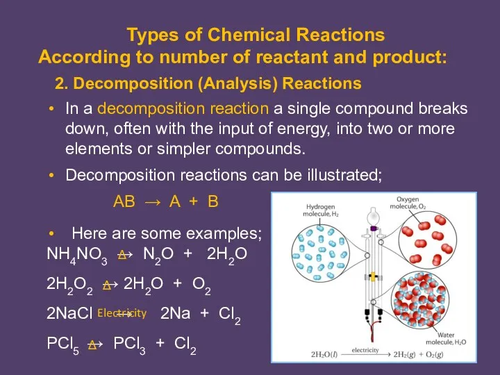 In a decomposition reaction a single compound breaks down, often with