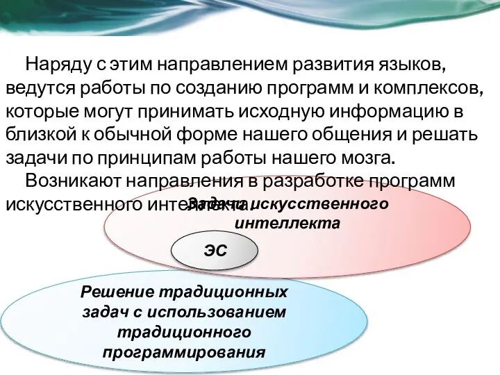 Решение традиционных задач с использованием традиционного программирования Задачи искусственного интеллекта ЭС