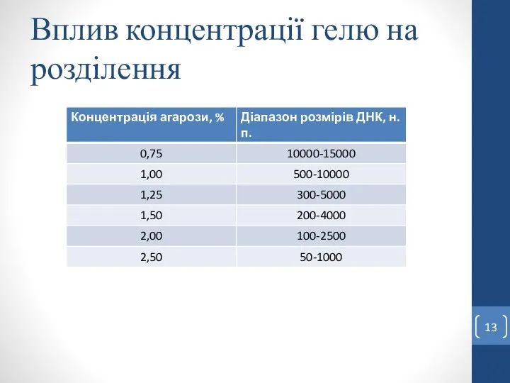 Вплив концентрації гелю на розділення