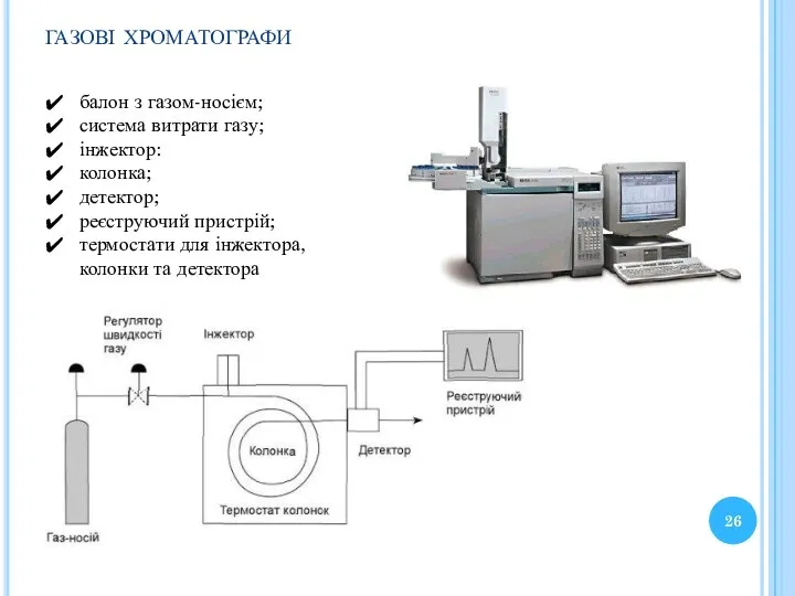 газові хроматографи балон з газом-носієм; система витрати газу; інжектор: колонка; детектор;