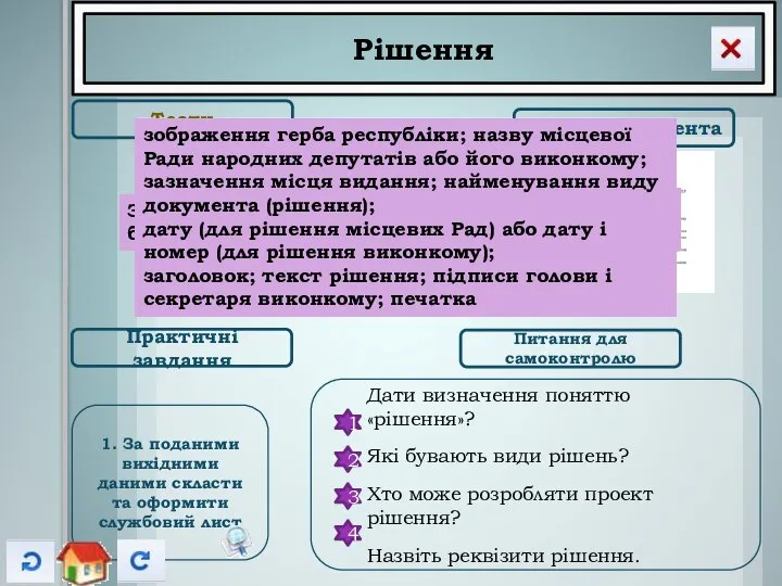 Рішення Тести Зразок документа Практичні завдання Питання для самоконтролю Дати визначення