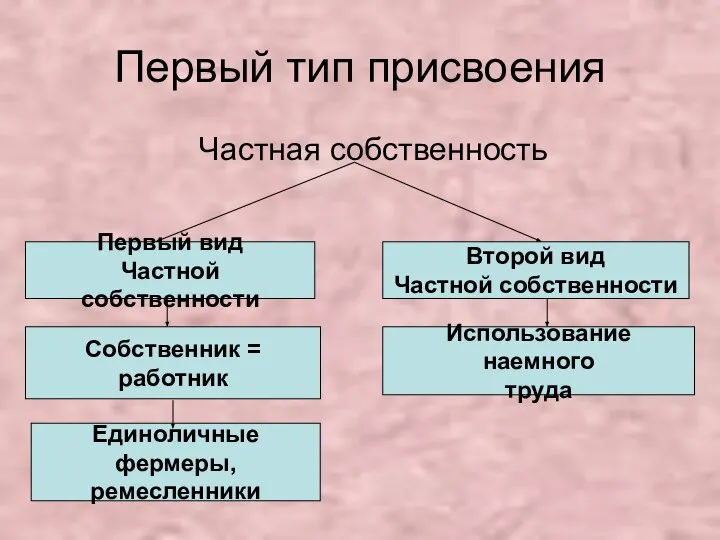 Первый тип присвоения Частная собственность Первый вид Частной собственности Собственник =