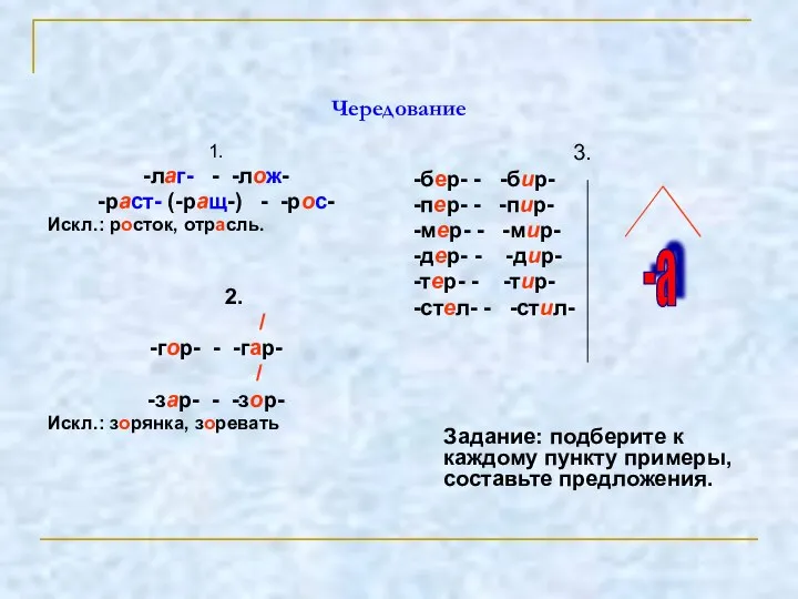 Чередование 1. -лаг- - -лож- -раст- (-ращ-) - -рос- Искл.: росток,