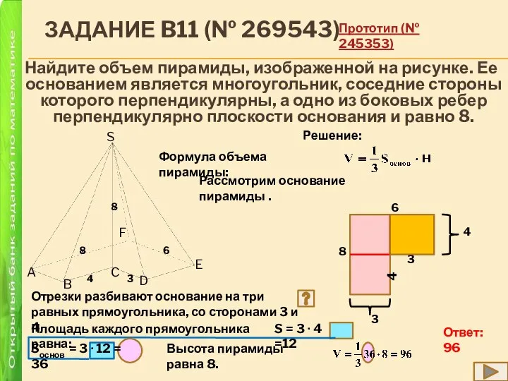 ЗАДАНИЕ B11 (№ 269543) Найдите объем пирамиды, изображенной на рисунке. Ее