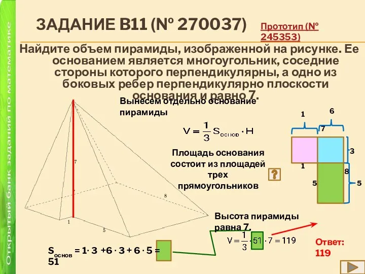 ЗАДАНИЕ B11 (№ 270037) Найдите объем пирамиды, изображенной на рисунке. Ее