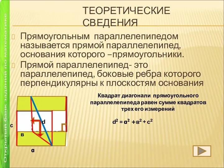 ТЕОРЕТИЧЕСКИЕ СВЕДЕНИЯ Прямоугольным параллелепипедом называется прямой параллелепипед, основания которого –прямоугольники. Прямой