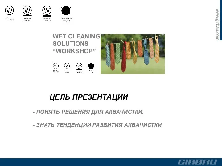 WET CLEANING SOLUTIONS “WORKSHOP” ЦЕЛЬ ПРЕЗЕНТАЦИИ - ПОНЯТЬ РЕШЕНИЯ ДЛЯ АКВАЧИСТКИ. - ЗНАТЬ ТЕНДЕНЦИИ РАЗВИТИЯ АКВАЧИСТКИ