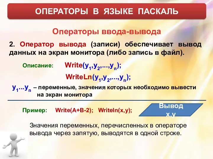 ОПЕРАТОРЫ В ЯЗЫКЕ ПАСКАЛЬ Операторы ввода-вывода 2. Оператор вывода (записи) обеспечивает