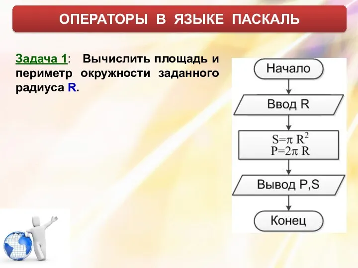 ОПЕРАТОРЫ В ЯЗЫКЕ ПАСКАЛЬ Задача 1: Вычислить площадь и периметр окружности заданного радиуса R.