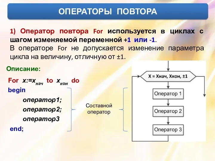 ОПЕРАТОРЫ ПОВТОРА 1) Оператор повтора For используется в циклах с шагом