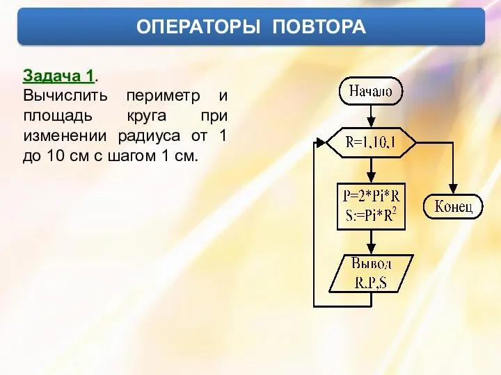 ОПЕРАТОРЫ ПОВТОРА Задача 1. Вычислить периметр и площадь круга при изменении