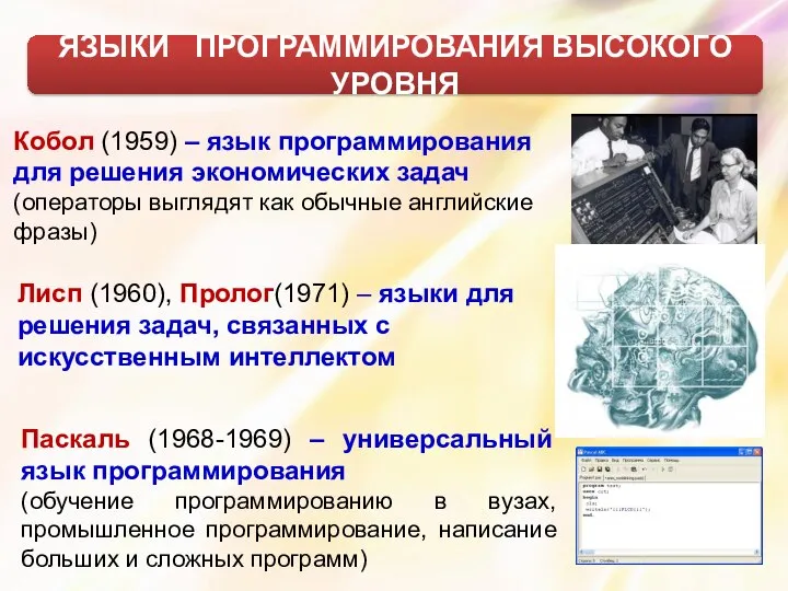 ЯЗЫКИ ПРОГРАММИРОВАНИЯ ВЫСОКОГО УРОВНЯ Кобол (1959) – язык программирования для решения