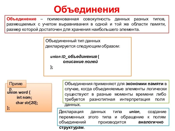 Объединения Объединение – поименованная совокупность данных разных типов, размещаемых с учетом