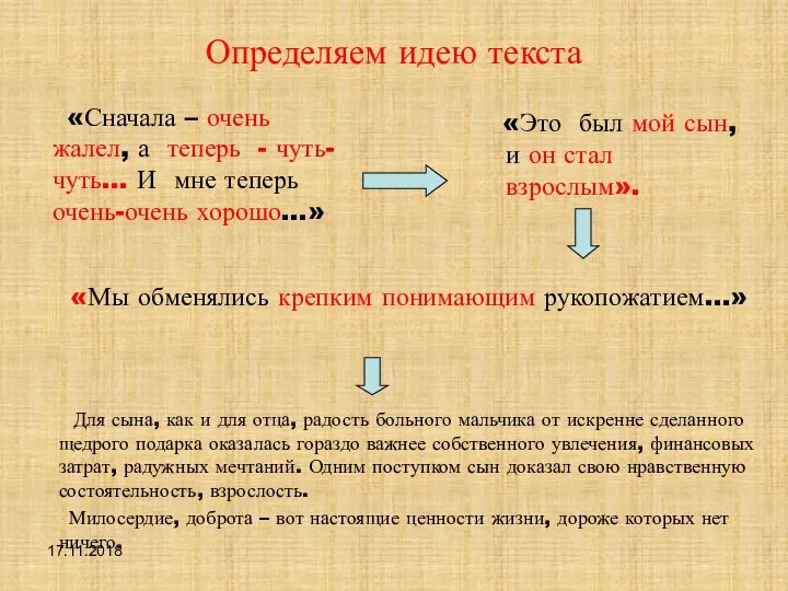 17.11.2018 Определяем идею текста «Сначала – очень жалел, а теперь -
