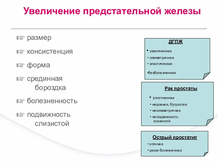 размер консистенция форма срединная бороздка болезненность подвижность слизистой ДГПЖ увеличенная симметричная