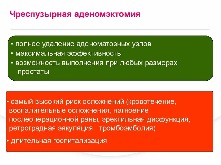 Чреспузырная аденомэктомия полное удаление аденоматозных узлов максимальная эффективность возможность выполнения при