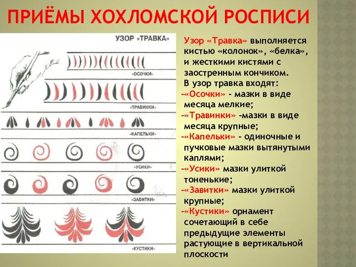 ПРИЁМЫ ХОХЛОМСКОЙ РОСПИСИ Узор «Травка» выполняется кистью «колонок», «белка», и жесткими