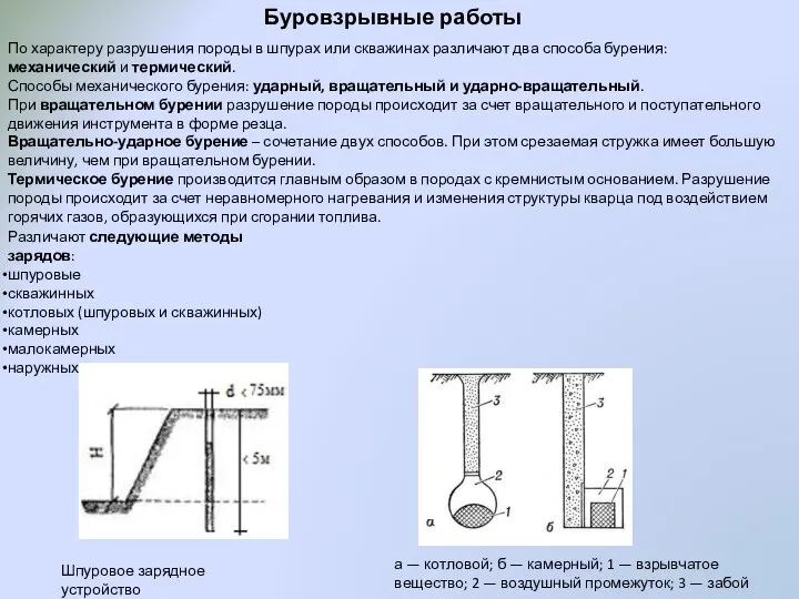 По характеру разрушения породы в шпурах или скважинах различают два способа