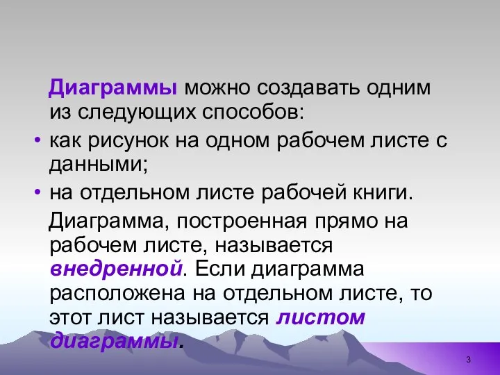 Диаграммы можно создавать одним из следующих способов: как рисунок на одном