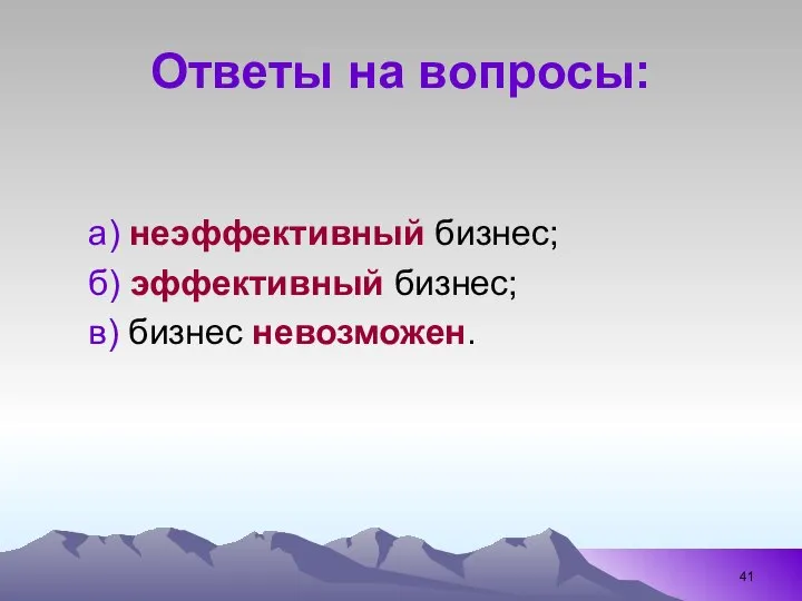 Ответы на вопросы: а) неэффективный бизнес; б) эффективный бизнес; в) бизнес невозможен.