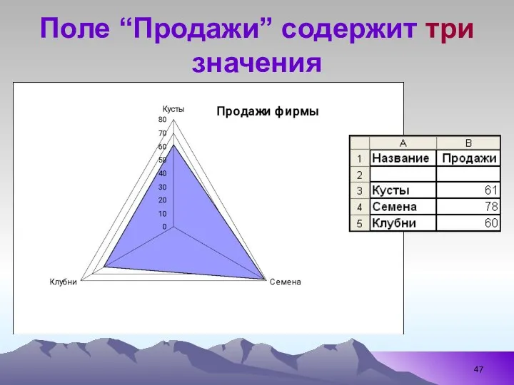 Поле “Продажи” содержит три значения