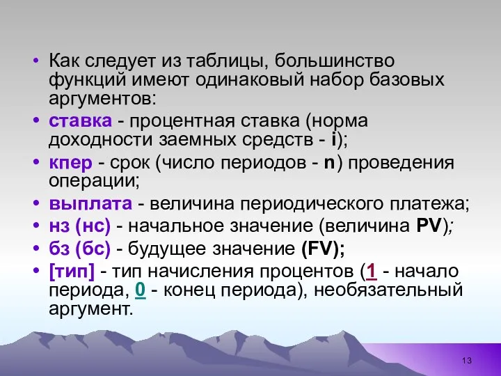 Как следует из таблицы, большинство функций имеют одинаковый набор базовых аргументов: