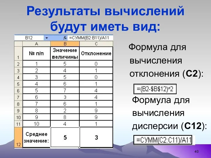 Результаты вычислений будут иметь вид: Формула для вычисления отклонения (С2): Формула для вычисления дисперсии (С12):