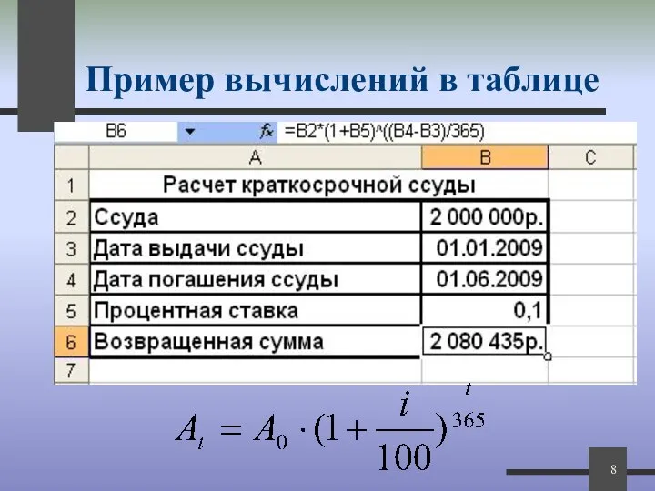 Пример вычислений в таблице