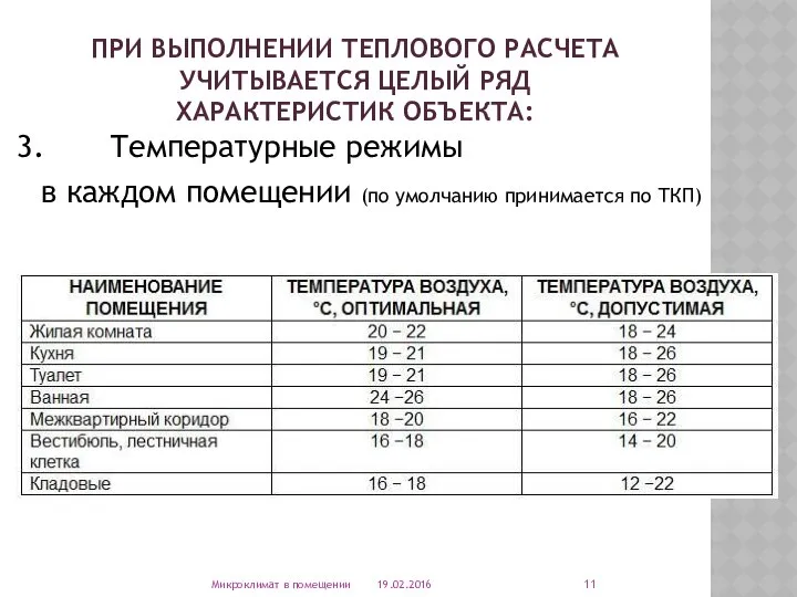 ПРИ ВЫПОЛНЕНИИ ТЕПЛОВОГО РАСЧЕТА УЧИТЫВАЕТСЯ ЦЕЛЫЙ РЯД ХАРАКТЕРИСТИК ОБЪЕКТА: 3. Температурные