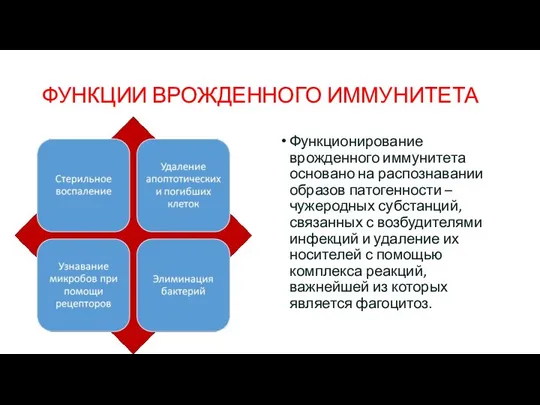 ФУНКЦИИ ВРОЖДЕННОГО ИММУНИТЕТА Функционирование врожденного иммунитета основано на распознавании образов патогенности