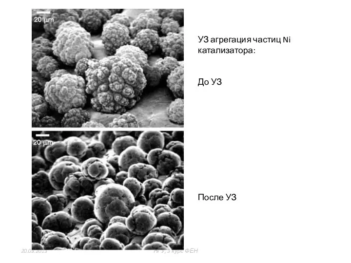 20.03.2013 НГУ, 3 курс ФЕН из 47 УЗ агрегация частиц Ni катализатора: До УЗ После УЗ