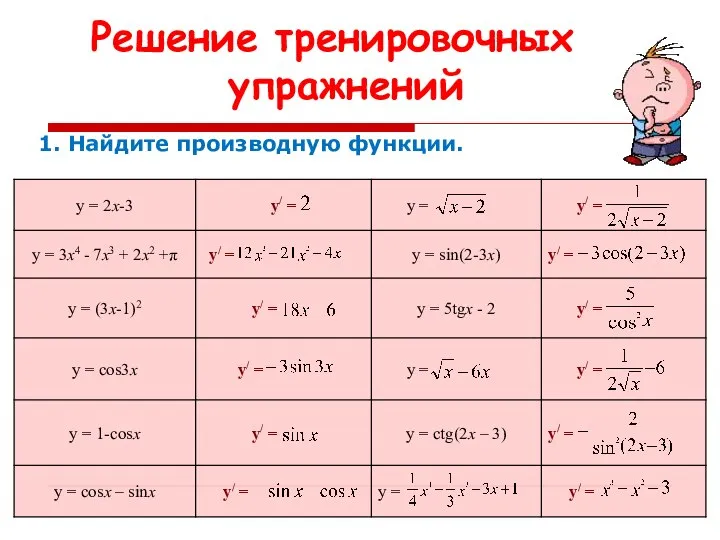 1. Найдите производную функции. Решение тренировочных упражнений