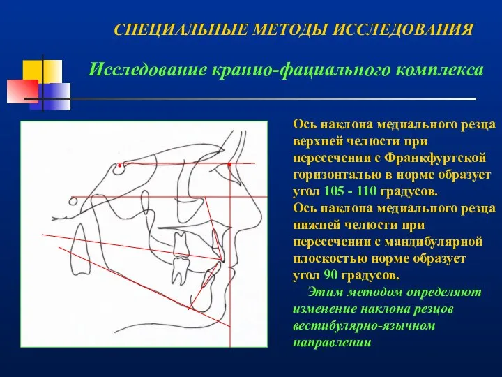 Исследование кранио-фациального комплекса . . Ось наклона медиального резца верхней челюсти