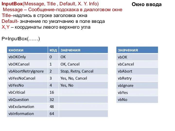 Окно ввода InputBox(Message, Title , Default, X. Y. Info) Message –