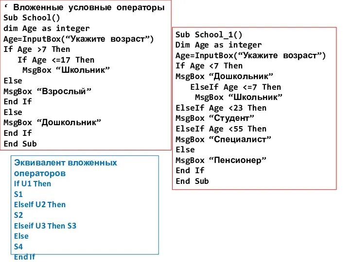 ‘ Вложенные условные операторы Sub School() dim Age as integer Age=InputBox(“Укажите