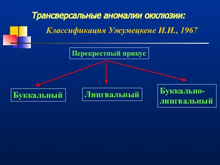 Трансверсальные аномалии окклюзии: Классификация Ужумецкене И.И., 1967 Перекрестный прикус Буккальный Лингвальный Буккально-лингвальный