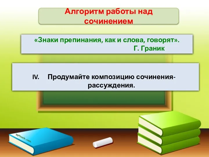 Алгоритм работы над сочинением «Знаки препинания, как и слова, говорят». Г. Граник Продумайте композицию сочинения-рассуждения.