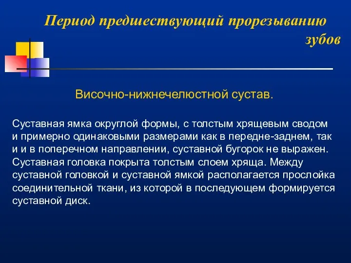 Период предшествующий прорезыванию зубов Височно-нижнечелюстной сустав. Суставная ямка округлой формы, с