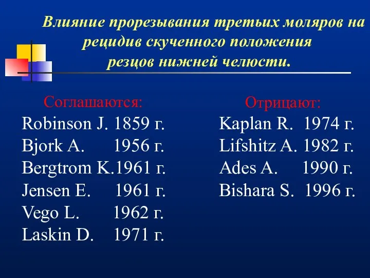 Влияние прорезывания третьих моляров на рецидив скученного положения резцов нижней челюсти.