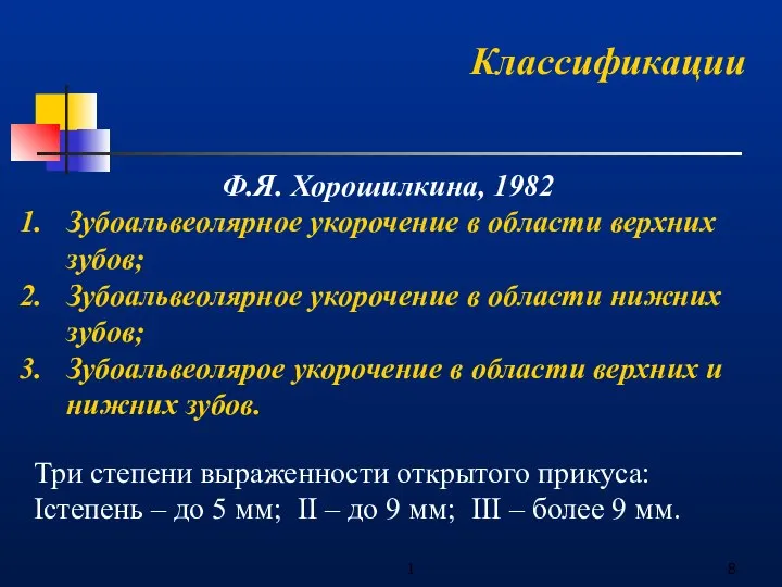 1 Классификации Ф.Я. Хорошилкина, 1982 Зубоальвеолярное укорочение в области верхних зубов;