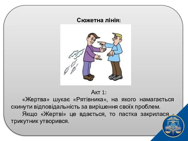 Сюжетна лінія: Акт 1: «Жертва» шукає «Рятівника», на якого намагається скинути