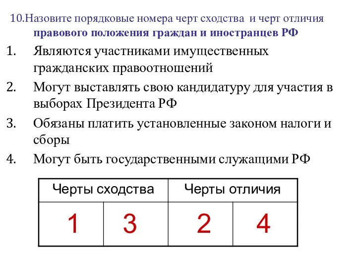 10.Назовите порядковые номера черт сходства и черт отличия правового положения граждан