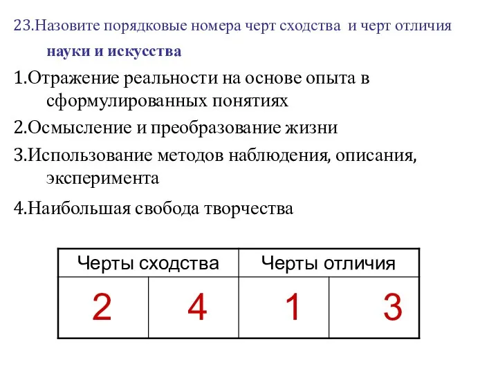 23.Назовите порядковые номера черт сходства и черт отличия науки и искусства